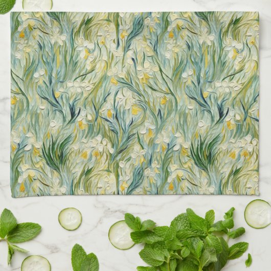 Groen Geel Botanische Iris Patroon Keuken Handdoek (Gevouwen)