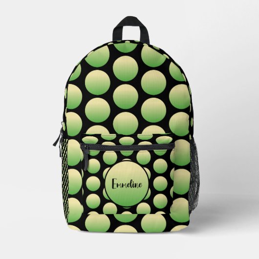 Groen Geel Bubble Dot Zwart Achtergrond Naam Bedrukte Rugzak (Voorkant)