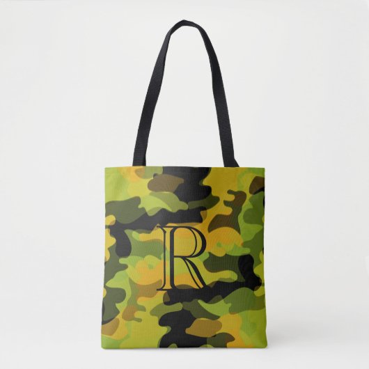 Groen geel Camouflage Patroon met Monogram Tote Bag (Voorkant)