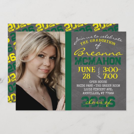 Groen & Geel Chalkboard Afstuderen Foto Kaart (Voorkant / Achterkant)