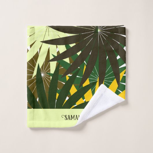 Groen Geel Crème Abstract Geometrisch blad Bad Handdoek (Wasdoekje)