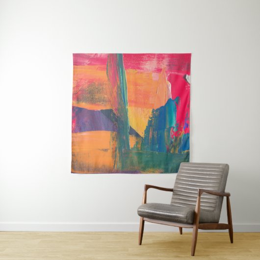 Groen, geel en rood abstract schilderij wandkleed (In situ)