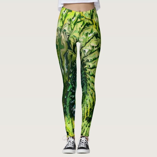 Groen Geel Fractale Kunst Leggings (Voorkant)