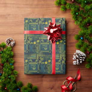 Groen & Geel Gedrukt Circuitpatroon Cool Geeky Cadeaupapier