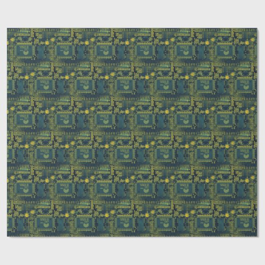 Groen & Geel Gedrukt Circuitpatroon Cool Geeky Cadeaupapier (Vlak)