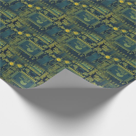 Groen & Geel Gedrukt Circuitpatroon Cool Geeky Cadeaupapier (Hoek)