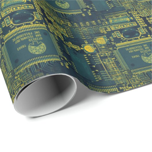 Groen & Geel Gedrukt Circuitpatroon Cool Geeky Cadeaupapier (Rol Hoek)