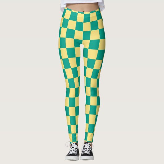 Groen + Geel geruit schaakbordpatroon Leggings (Voorkant)