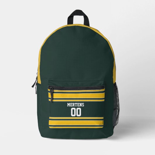 Groen Geel Goud Sport Gestreepte Jersey Teamnaam Bedrukte Rugzak (Voorkant)