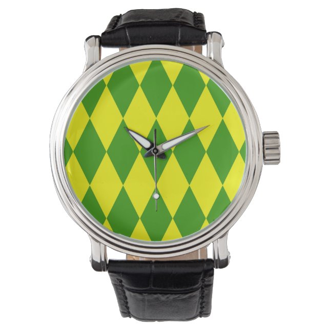 Groen Geel Harlekijn Geruit Design  Horloge (Voorkant)