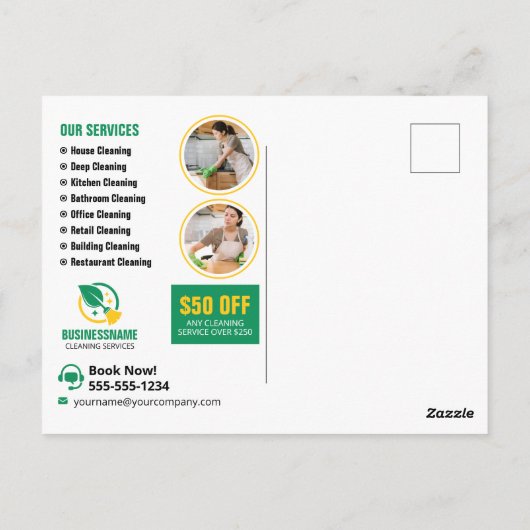 Groen Geel Huis Schoonmaak Huishoudster Briefkaart (Achterkant)