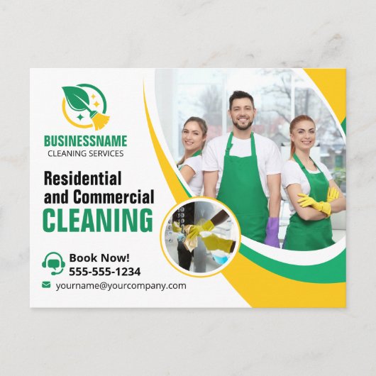 Groen Geel Huis Schoonmaak Huishoudster Briefkaart (Voorkant)