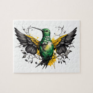 Groen & Geel Hummingbird Tattoo Design op wit Legpuzzel