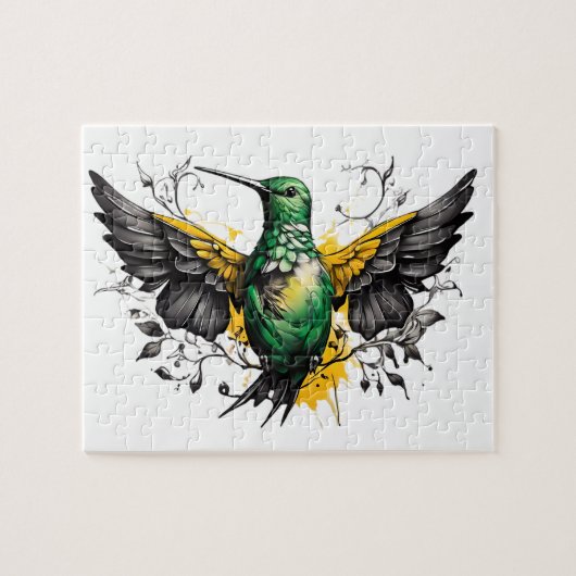 Groen & Geel Hummingbird Tattoo Design op wit Legpuzzel (Horizontaal)