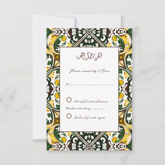 Groen geel Mediterraans tegels bruiloft RSVP (Voorkant)