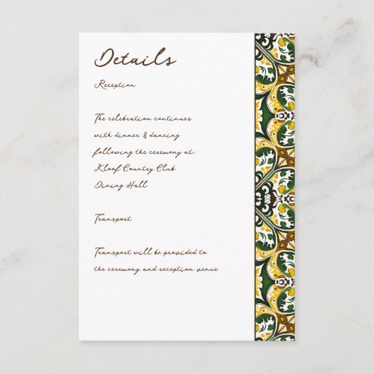 Groen geel Mediterraans tegels trouwdetails Informatiekaartje (Voorkant)