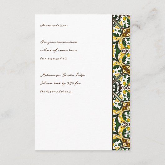 Groen geel Mediterraans tegels trouwdetails Informatiekaartje (Achterkant)