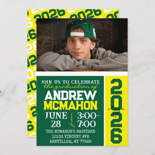 Groen & geel Modern Afstuderen Fotouitnodiging Kaart (Voorkant / Achterkant)