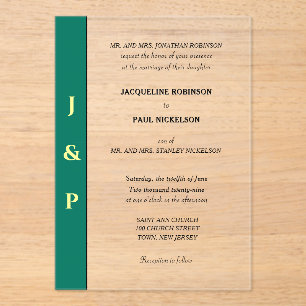 Groen Geel Monogram Bruid en Bruidegom Clear Acryl Uitnodigingen