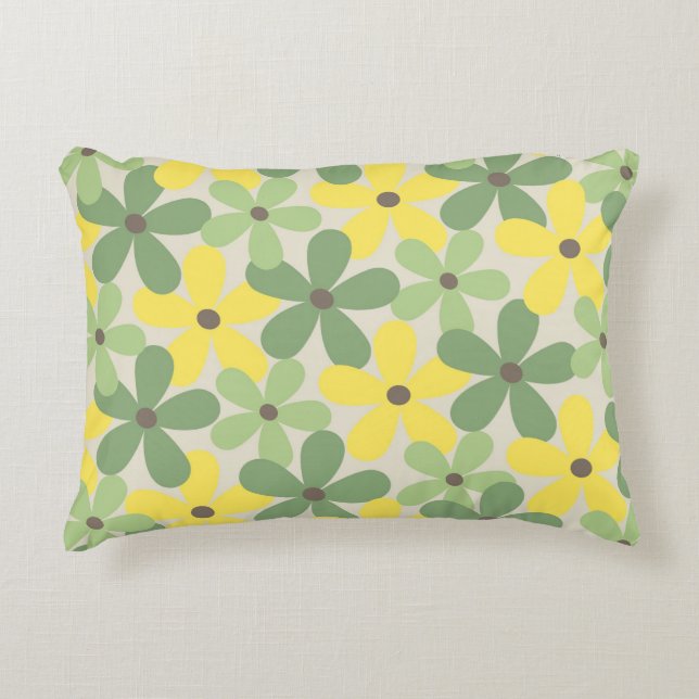 Groen Geel Retro Y2K 70s Bloempatroon Accent Kussen (Voorkant)