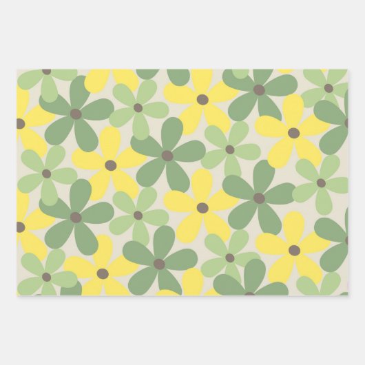 Groen Geel Retro Y2K 70s Bloempatroon Inpakpapier Vel (Voorkant 3)