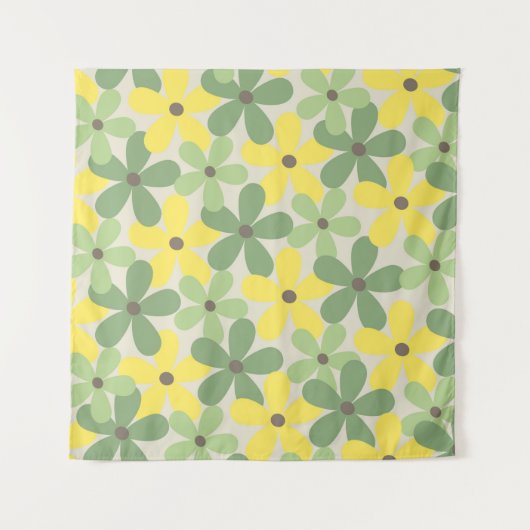 Groen Geel Retro Y2K 70s Bloempatroon Wandkleed (Voorkant)