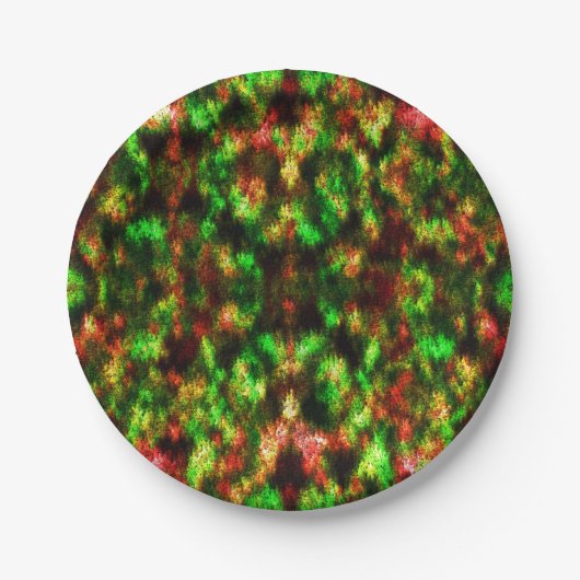 Groen, geel tot rood met veren. papieren bordje (Voorkant)