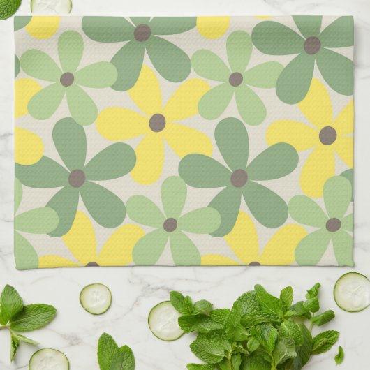 Groen Geel Tropische Bloemen Botanische Zomer Theedoek (Gevouwen)