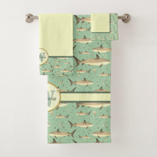 Groen & Geel Waterverf Monogram Shark Life Zee Bad Handdoek