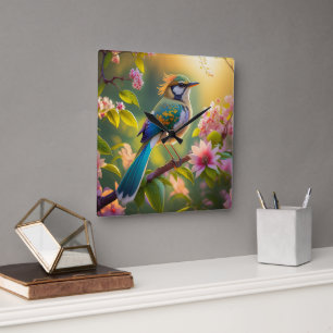 Groen Gehoornde Teal Gevleugelde Fantasie Vogel Vierkante Klok