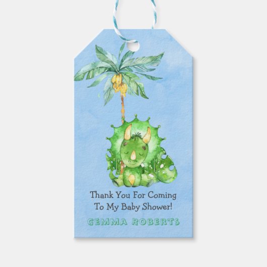 Groen gekleurd Triceratops Baby shower Dank u Cadeaulabel (Voorkant)