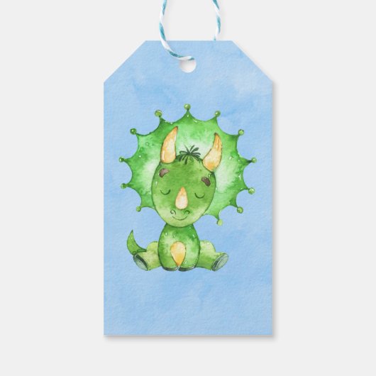 Groen gekleurd Triceratops Baby shower Dank u Cadeaulabel (Achterkant)