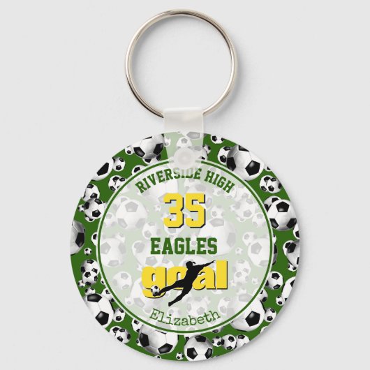 groen - gele blanke school geestesmeisjes voetbal sleutelhanger (Voorkant)