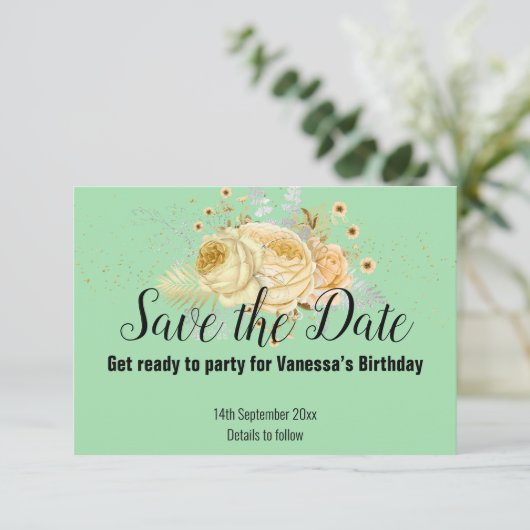 GROEN GELE BLOEMEN SAVE THE DATE RSVP KAART (Staand voorkant)