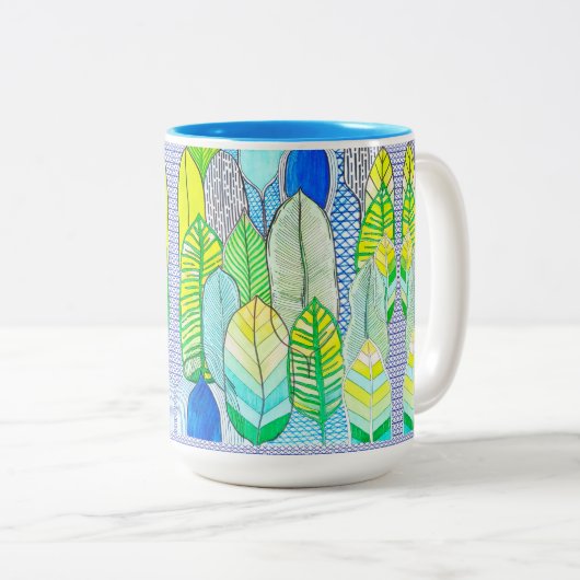 Groen gele kompassen Modern Tropische Boho verlaat Tweekleurige Koffiemok (Voorkant rechts)