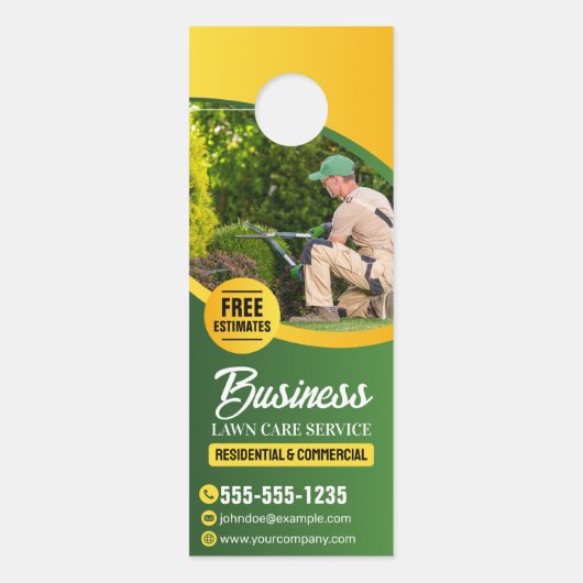 Groen & Gele Lawn Care Landscaping Maaien Deurhanger (Voorkant)