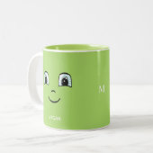 Groen gelukkig gezicht met Vegan Text & Monogram Tweekleurige Koffiemok (Voorkant links)
