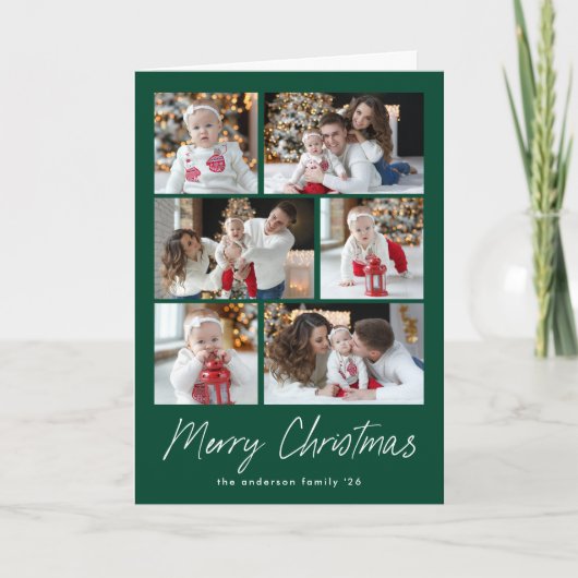 Groen Gelukkig Kerstmis Schrift 6 Foto Collage Feestdagen Kaart (Voorkant)