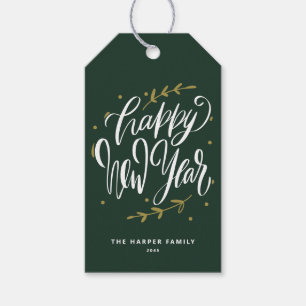 Groen Gelukkig Nieuwjaar Moderne Calligrafie Krans Cadeaulabel