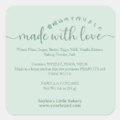 Groen 'Gemaakt met Liefde' Script Ingredient Produ Vierkante Sticker (Voorkant)