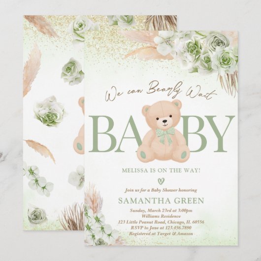 Groen Genderneutraal Beer Boho Baby shower Kaart (Voorkant / Achterkant)