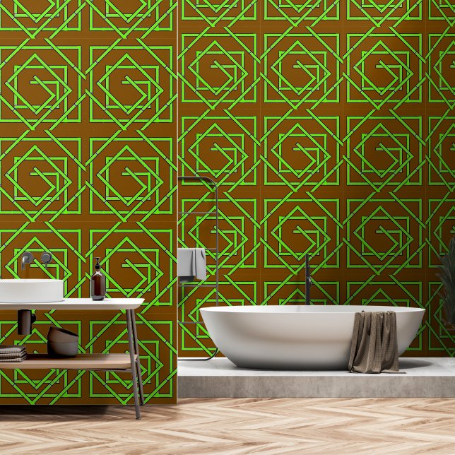 Groen Geo Bleekbruin Behang (Badkamer)