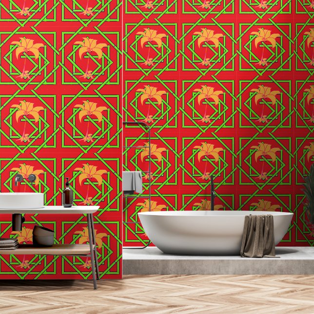 Groen Geo Bloemig Rood Behang (Badkamer)