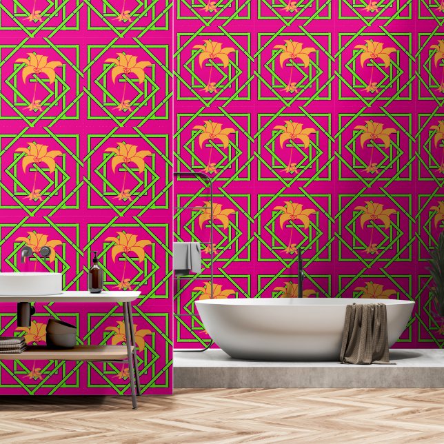 Groen Geo Bloemig Roze Behang (Badkamer)