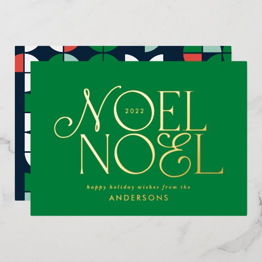 groen geometrisch Noel script elegant modern Folie Feestdagenkaart (Voorkant / Achterkant)