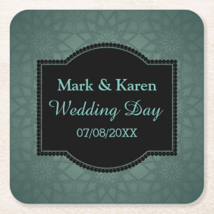Groen geometrisch patroon Aangepaste tekst bruilof Kartonnen Onderzetters