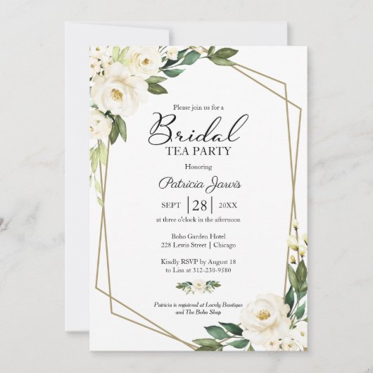 Groen Geometrisch Wit Bloemen Bruids Tea Party Kaart (Voorkant)