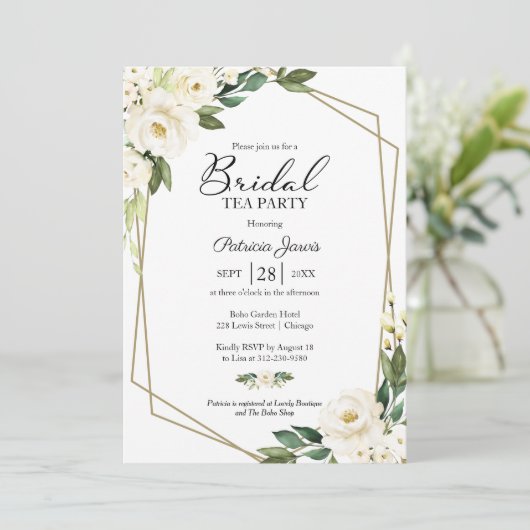 Groen Geometrisch Wit Bloemen Bruids Tea Party Kaart (Staand voorkant)