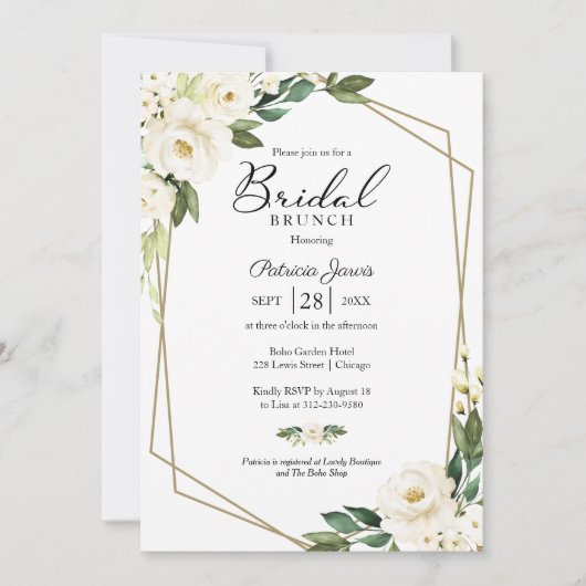 Groen Geometrisch Wit Bloemen Bruidsbrunch Kaart (Voorkant)