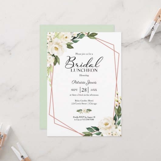 Groen geometrische bloemen bruids lunch uitnodigin kaart (Voorkant / Achterkant in situ)